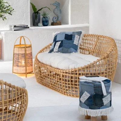 Canapé 2 places en rotin naturel avec coussin écru - CARNAC