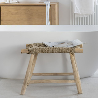 Tabouret artisanal rectangulaire en teck et jonc de mer CHAM - HELLIN