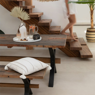 Banc de ferme industriel en bois et pieds croisés métal L180 - HELLIN