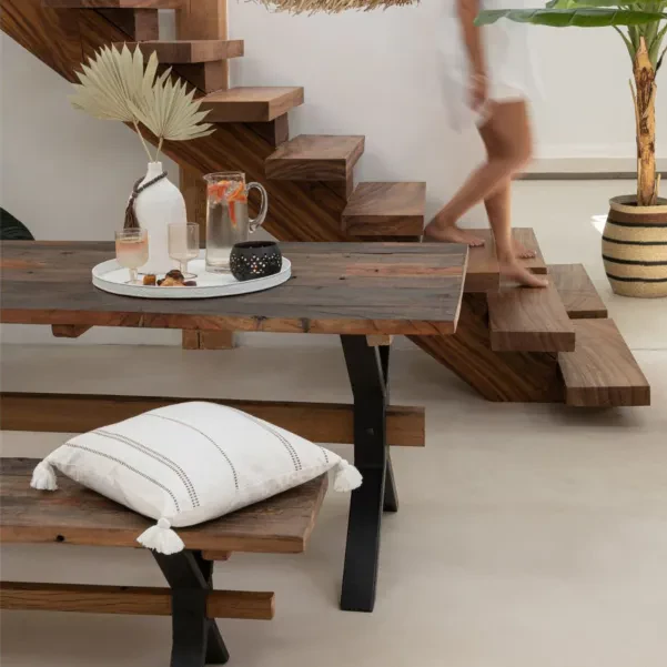 Banc de ferme industriel en bois et pieds croisés métal L180 - HELLIN