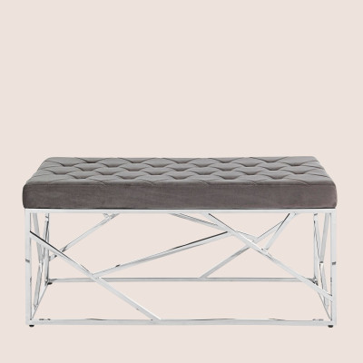 Banc d'entrée ou bout de lit en velours gris et métal argent L97 ROMY - HELLIN