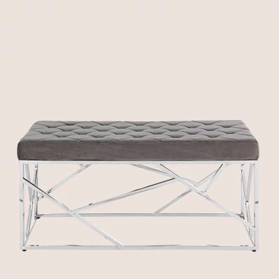 Banc d'entrée ou bout de lit en velours gris et métal argent L97 ROMY - HELLIN