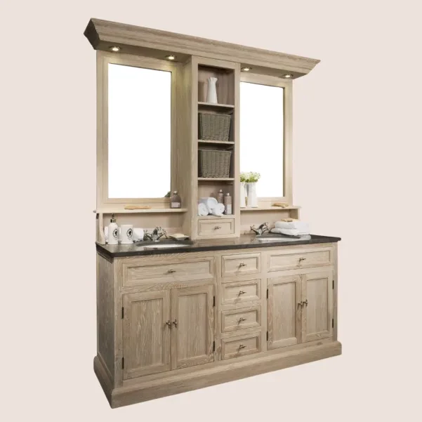 Ensemble salle de bain : double vasque, miroir, éclairage