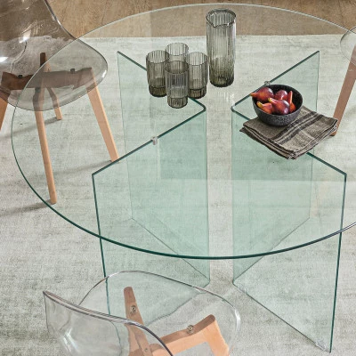 Table de salle à manger design ronde en verre transparent D130 IDORA - HELLIN