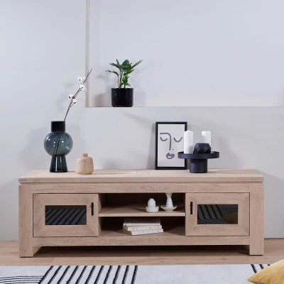 Meuble TV bas en chêne blanchi : 2 portes et niches | Hellin