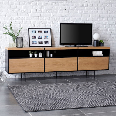 Meuble TV bas moderne de rangement en bois et métal | Hellin