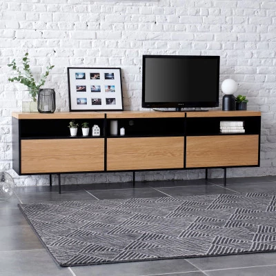 Meuble TV bas moderne de rangement en bois et métal | Hellin