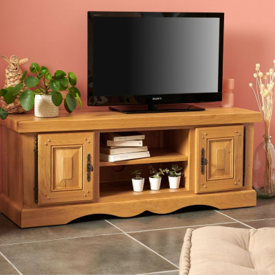 Meuble tv bas rustique en chêne massif : niches et placards
