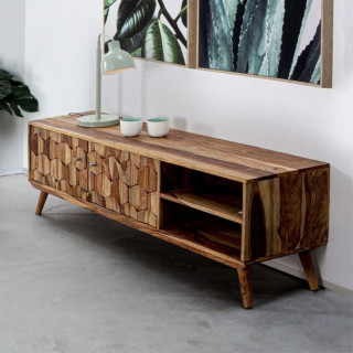 Meuble TV vintage en bois 2 portes + 2 niches LOCKE L145 - HELLIN