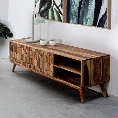 Meuble TV vintage en bois 2 portes + 2 niches LOCKE L145 - HELLIN