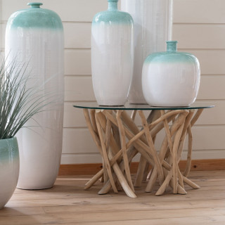 Table basse de salon ronde en branches de teck et verre D80 cm CHAM - HELLIN