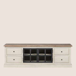 Meuble télé bas en bois et ses deux portes vitrées pour une ambiance authentique