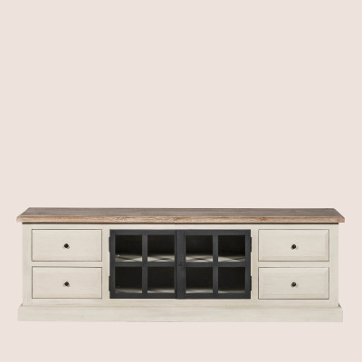 Meuble télé bas en bois et ses deux portes vitrées pour une ambiance authentique