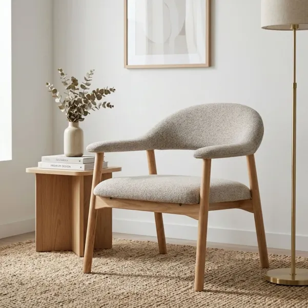 Fauteuil avec accoudoirs en chêne et tissu bouclette beige ELYA - HELLIN