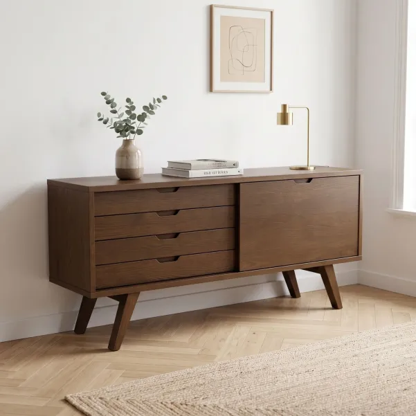 Buffet bas scandinave en chêne fumé 4 tiroirs 1 porte L160 ALISIA - HELLIN
