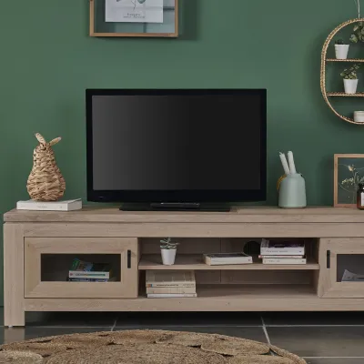 Meuble TV bas moderne en chêne blanchi L180 BOSTON - HELLIN