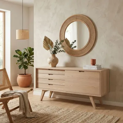 Buffet bas scandinave en chêne blanchi 4 tiroirs 1 porte coulissante ALISIA - HELLIN