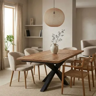 Table rectangulaire en teck recyclé pour 10 personnes avec son piétement central métallique noir en étoile