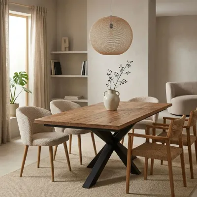 Table rectangulaire en teck recyclé pour 10 personnes avec son piétement central métallique noir en étoile