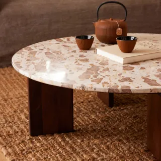 Table basse ronde en manguier et marbre beige D90 OPHELIE - HELLIN
