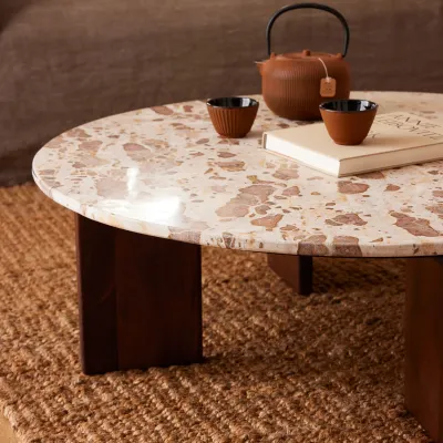 Table basse ronde en manguier et marbre beige D90 OPHELIE - HELLIN