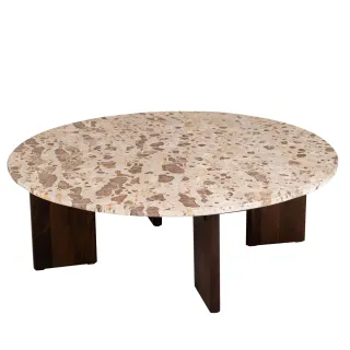 Table basse ronde en manguier et marbre beige D90 OPHELIE - HELLIN