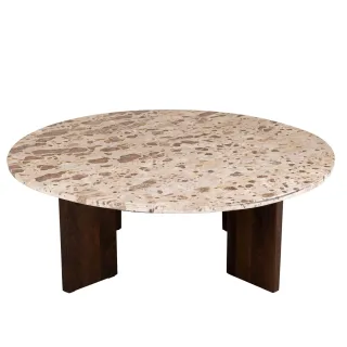 Table basse ronde en manguier et marbre beige D90 OPHELIE - HELLIN