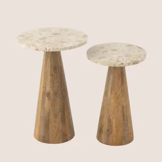 Tables basses en marbre beige et pied bois D35 (set de 2) ASO - HELLIN