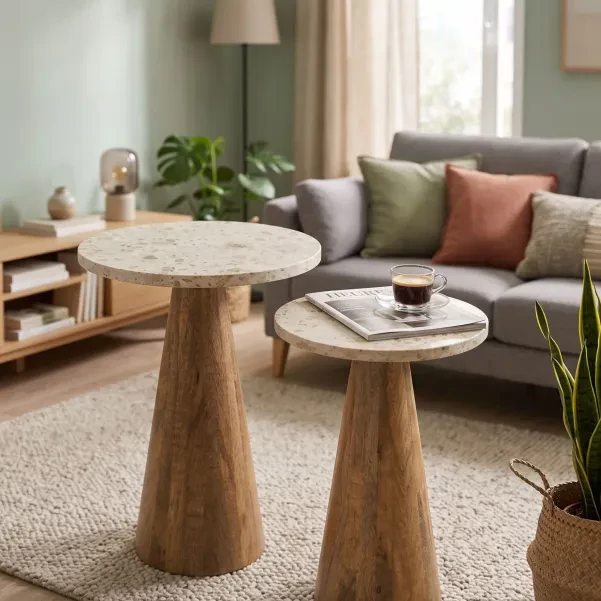 Tables basses en marbre beige et pied bois D35 (set de 2) ASO - HELLIN