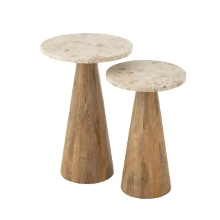 Tables basses en marbre beige et pied bois D35 (set de 2) ASO - HELLIN
