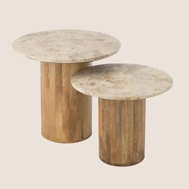 Tables basses en marbre beige et pied bois D56 (set de 2) ASO - HELLIN