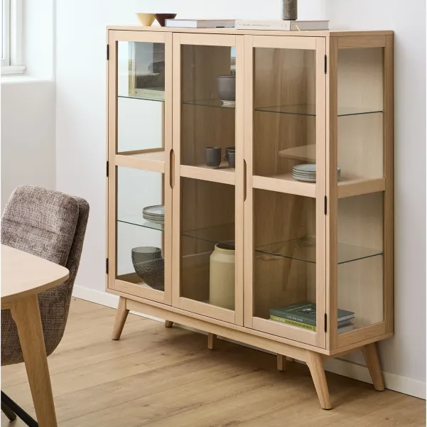 Vitrine 3 portes vitrée en chêne blanchi L140 MARTINE - HELLIN