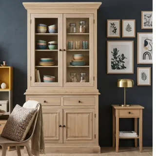 Buffet vaisselier en chêne blanchi 2 portes vitrées 2 tiroirs 2 portes bois VICTORIA - HELLIN