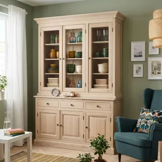 Buffet vaisselier en chêne blanchi 3 portes vitrées 3 tiroirs 3 portes bois VICTORIA - HELLIN