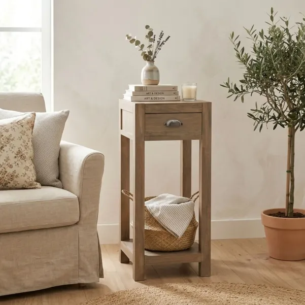 Table d’appoint en bois naturel avec tiroir et tablette H90 BASTIDE - HELLIN