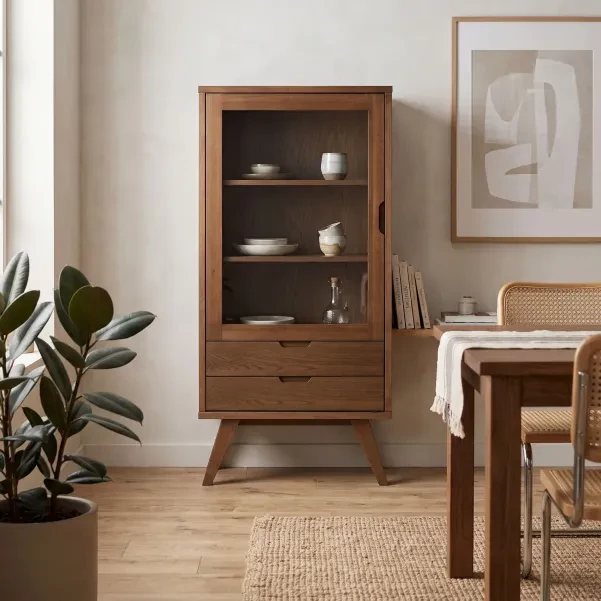 Vitrine scandinave en chêne fumé 1 porte 2 tiroirs ALISIA - HELLIN