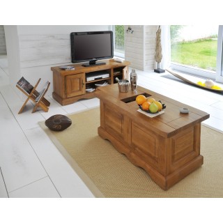 Meuble tv bas rustique en chêne massif : niches et placards