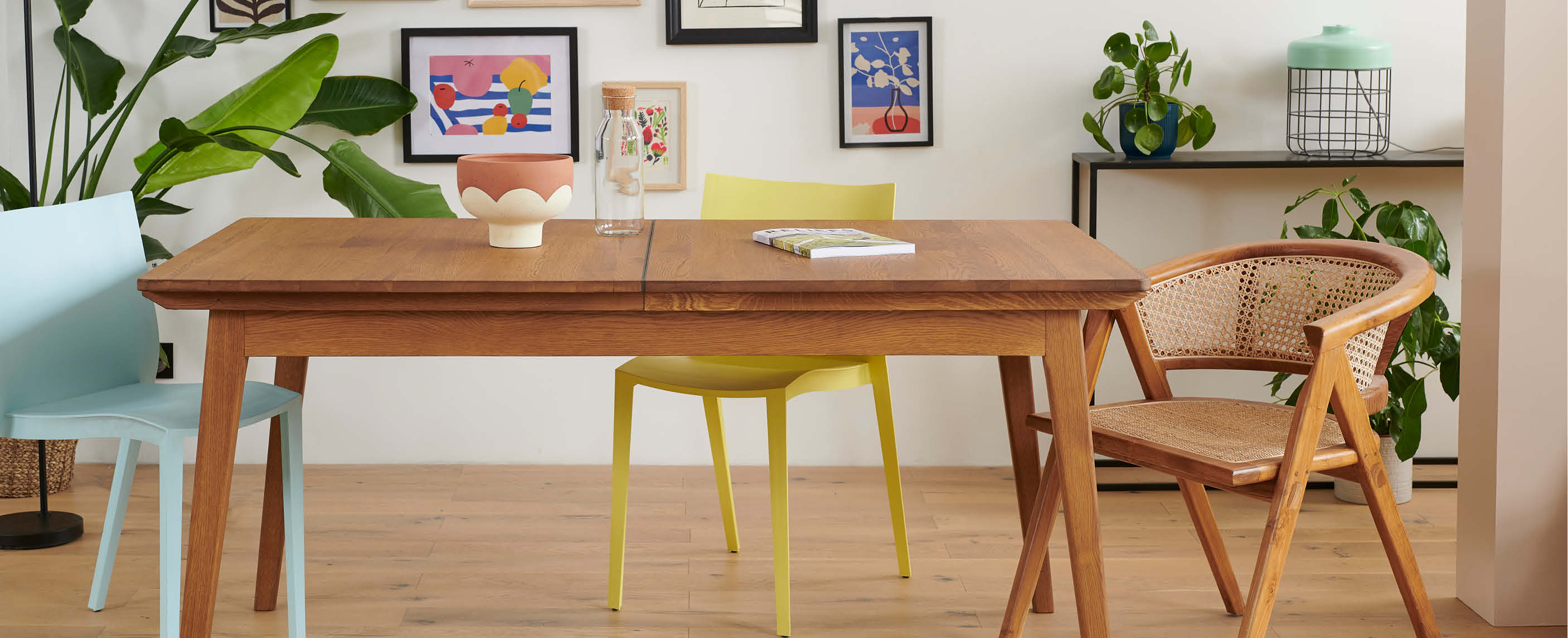 Table rectangulaire avec deux allonges en chêne massif Mallet